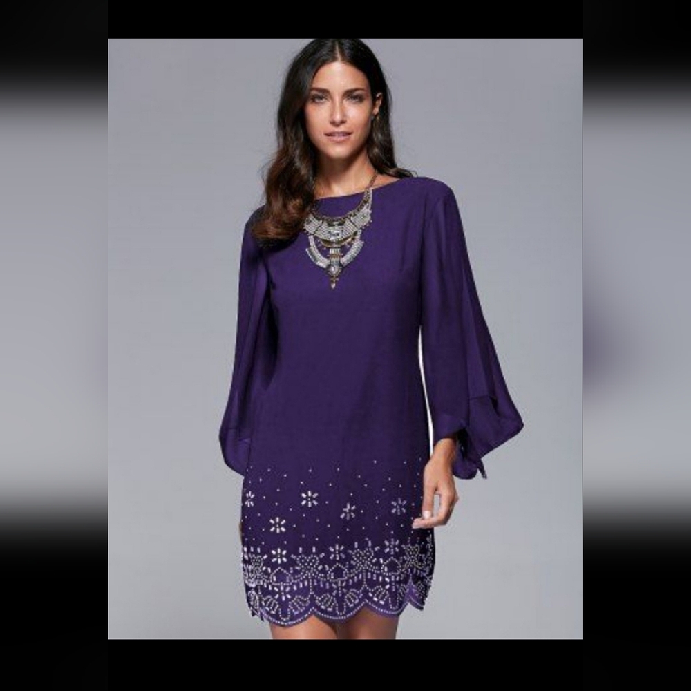 Elegant Purple Dress with Sequined Bottom Hemline